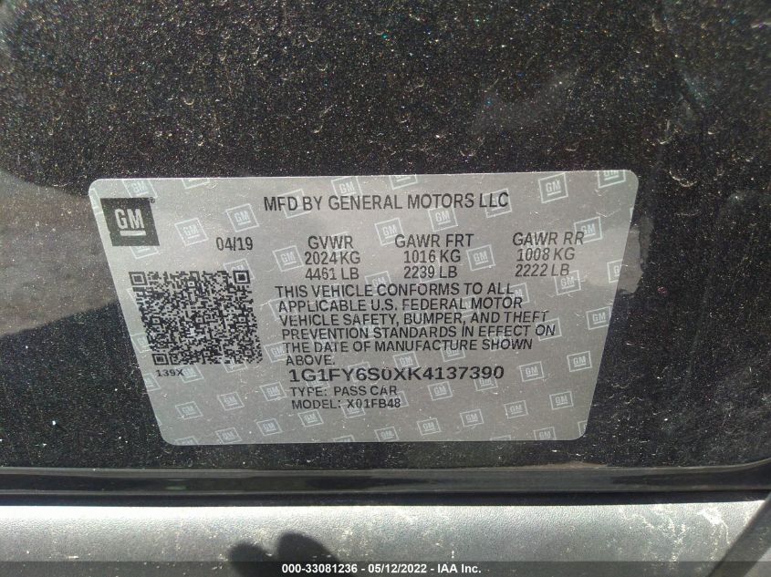 2019 CHEVROLET BOLT EV LT 1G1FY6S0XK4137390