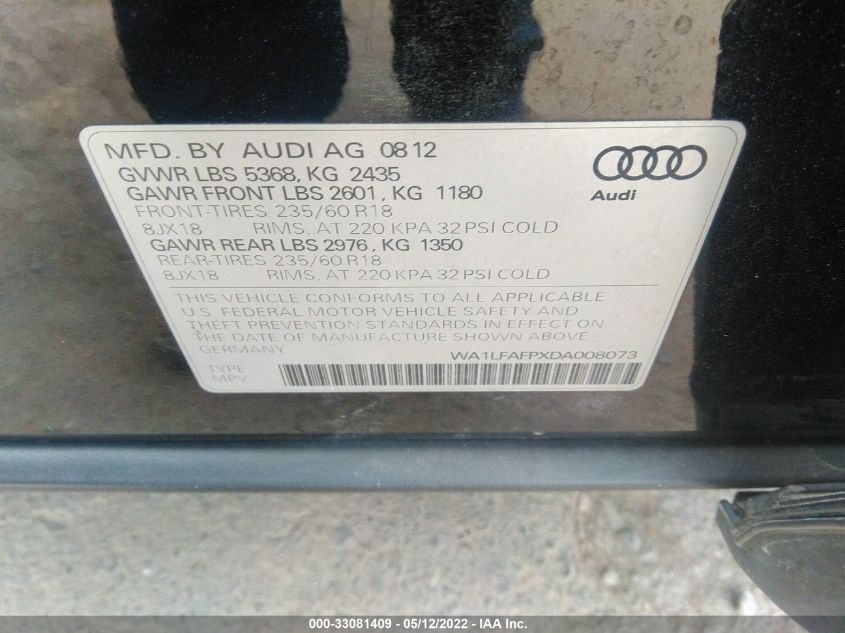 2013 AUDI Q5 PREMIUM PLUS WA1LFAFPXDA008073