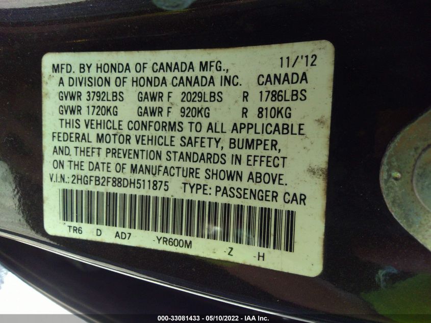 2013 HONDA CIVIC SDN EX 2HGFB2F88DH511875