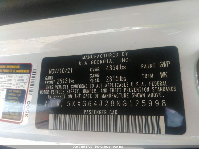 2022 KIA K5 GT-LINE 5XXG64J28NG125998