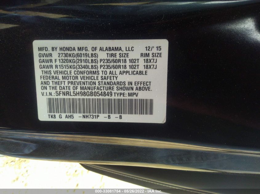 2016 HONDA ODYSSEY TOURING 5FNRL5H98GB054849