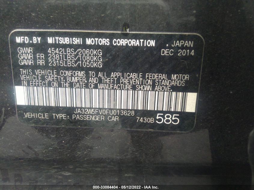 2015 MITSUBISHI LANCER EVOLUTION MR JA32W5FV0FU013628