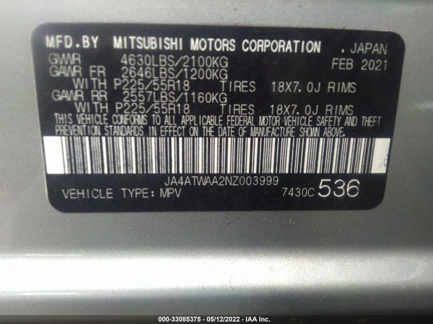 2022 MITSUBISHI ECLIPSE CROSS SE/SEL JA4ATWAA2NZ003999