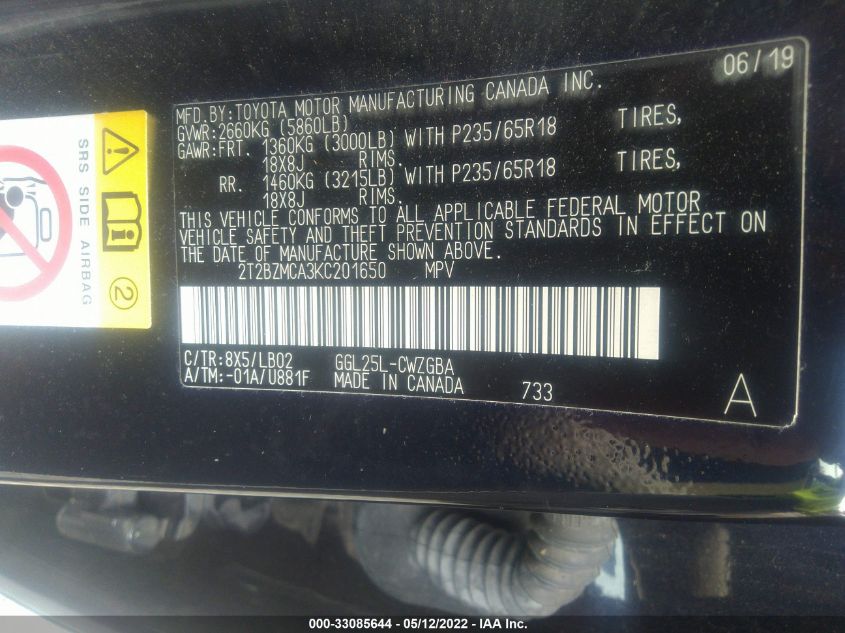 2019 LEXUS RX 2T2BZMCA3KC201650