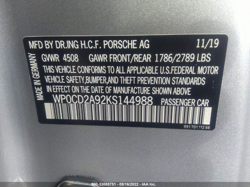 2019 PORSCHE 911 TURBO WP0CD2A92KS144988
