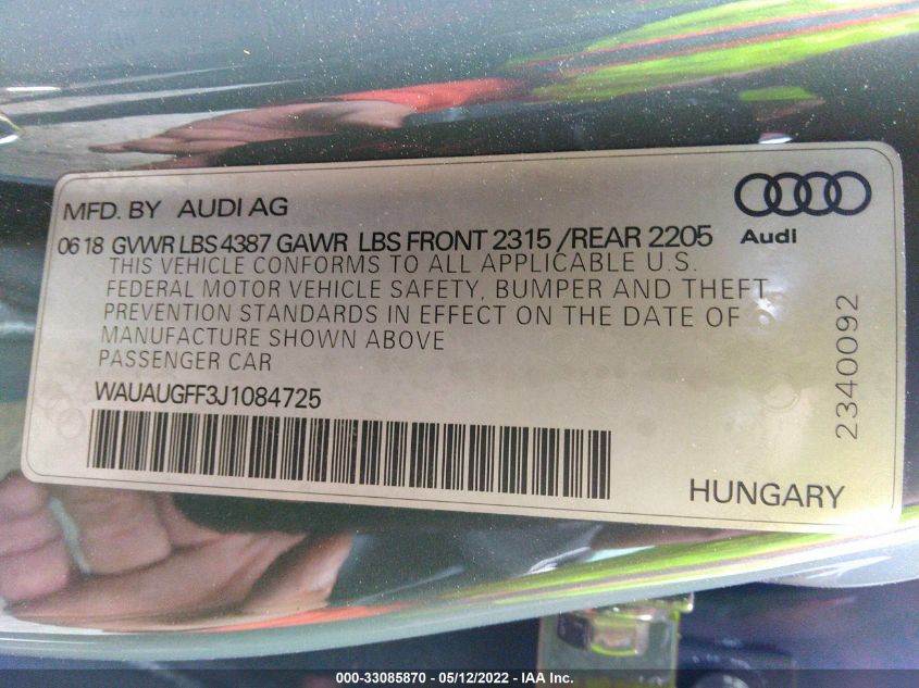 2018 AUDI A3 SEDAN PREMIUM/TECH PREMIUM WAUAUGFF3J1084725