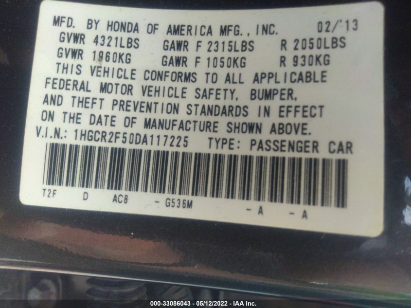 2013 HONDA ACCORD SDN SPORT 1HGCR2F50DA117225