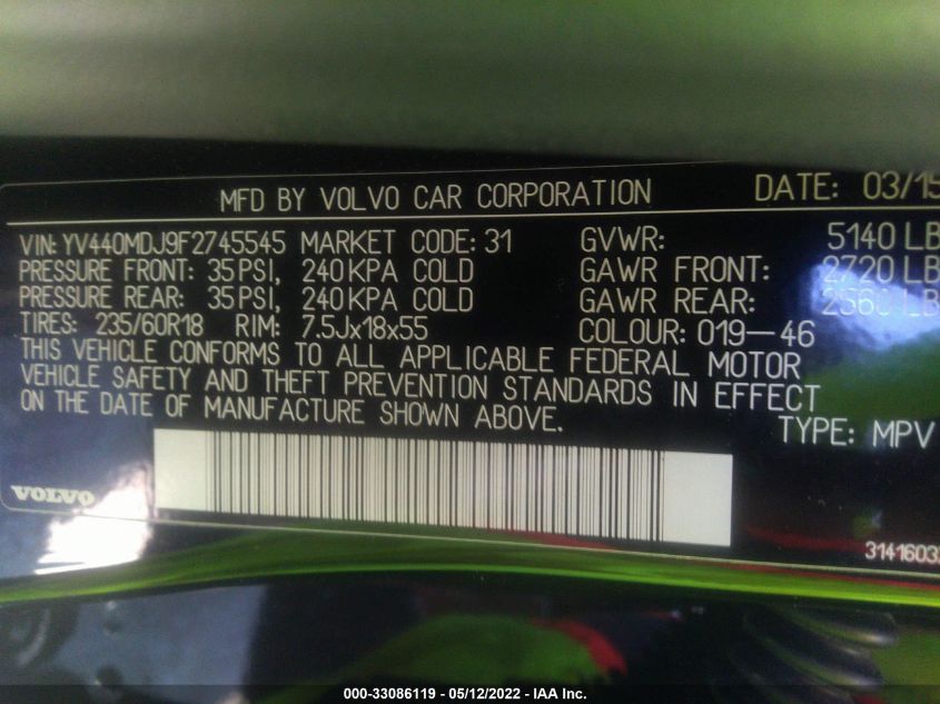 2015 VOLVO XC60 T5 DRIVE-E YV440MDJ9F2745545