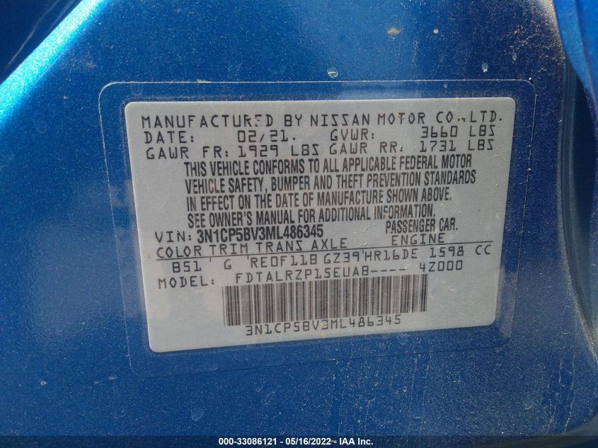 2021 NISSAN KICKS S 3N1CP5BV3ML486345