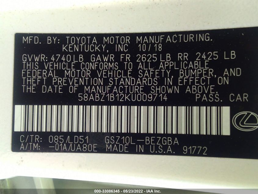 2019 LEXUS ES ES 350 58ABZ1B12KU009714