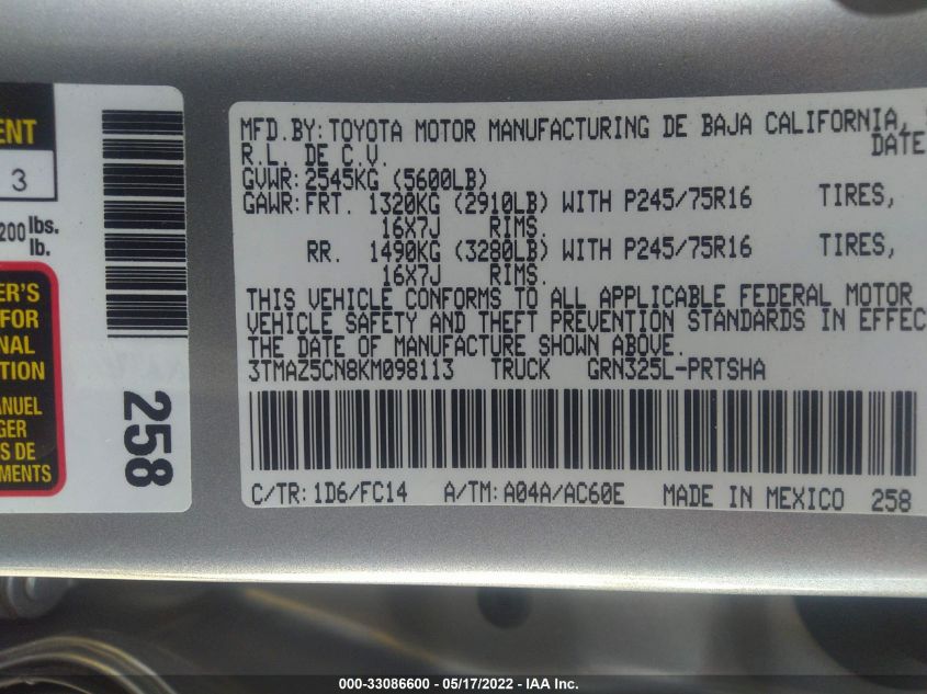 2019 TOYOTA TACOMA 2WD SR5/TRD SPORT 3TMAZ5CN8KM098113