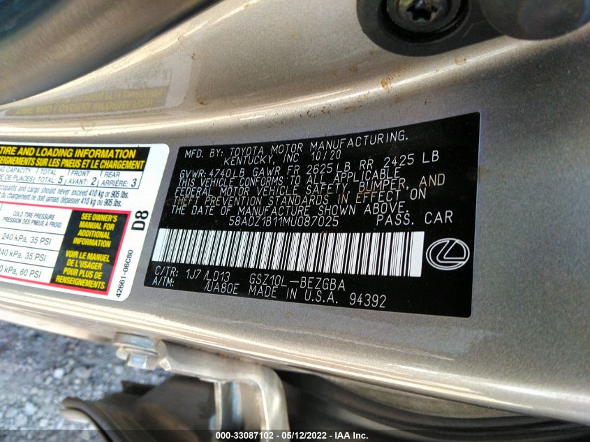 2021 LEXUS ES ES 350 58ADZ1B11MU087025