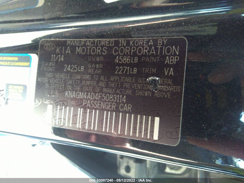 2015 KIA OPTIMA HYBRID KNAGM4AD4F5083114