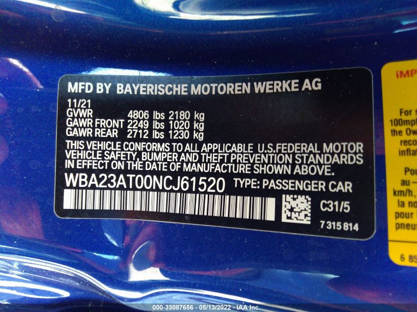 2022 BMW 4 SERIES 430I WBA23AT00NCJ61520