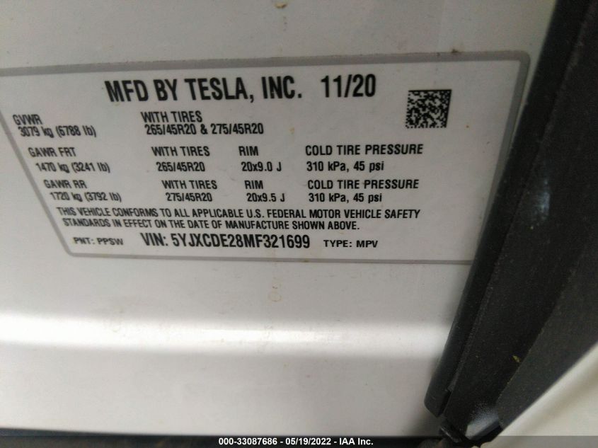 2021 TESLA MODEL X LONG RANGE 5YJXCDE28MF321699