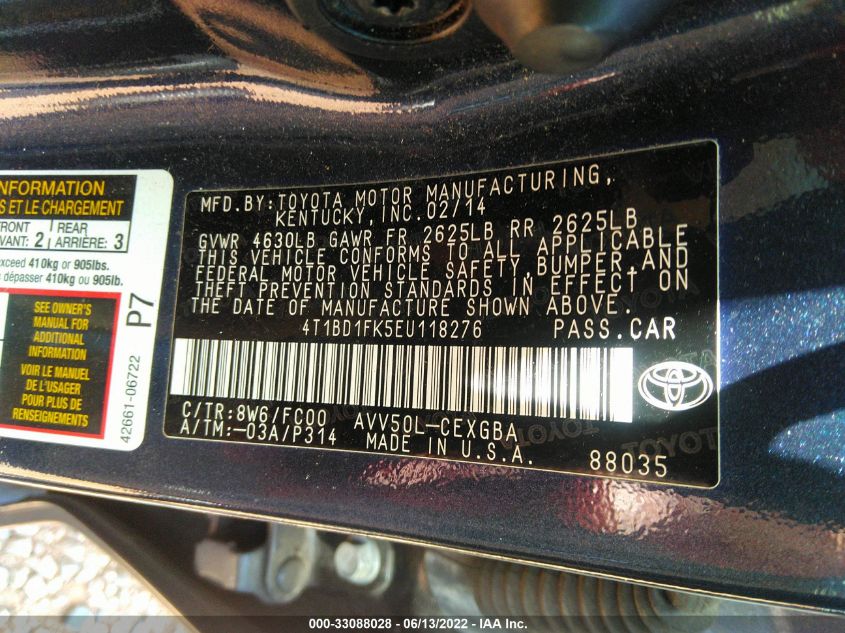2014 TOYOTA CAMRY HYBRID LE/XLE/SE LIMITED EDITION 4T1BD1FK5EU118276
