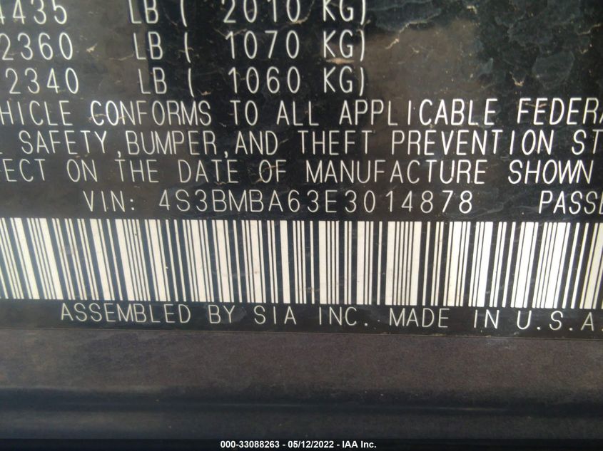 2014 SUBARU LEGACY 2.5I 4S3BMBA63E3014878
