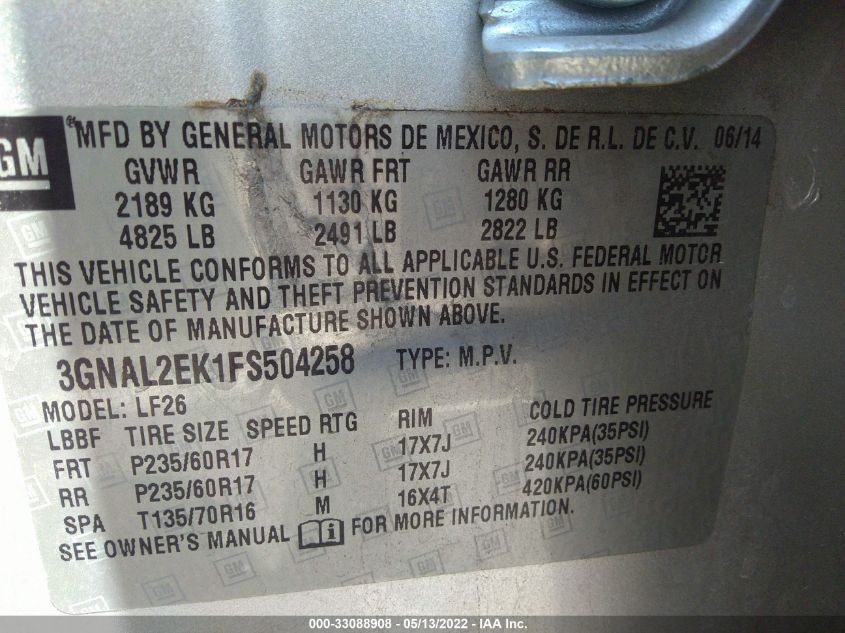 2015 CHEVROLET CAPTIVA SPORT FLEET LS 3GNAL2EK1FS504258