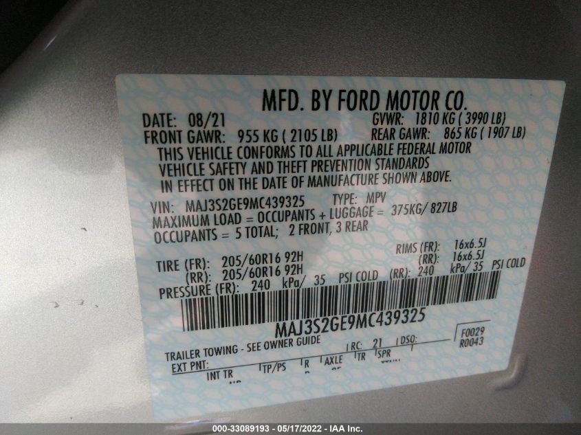 2021 FORD ECOSPORT SE MAJ3S2GE9MC439325