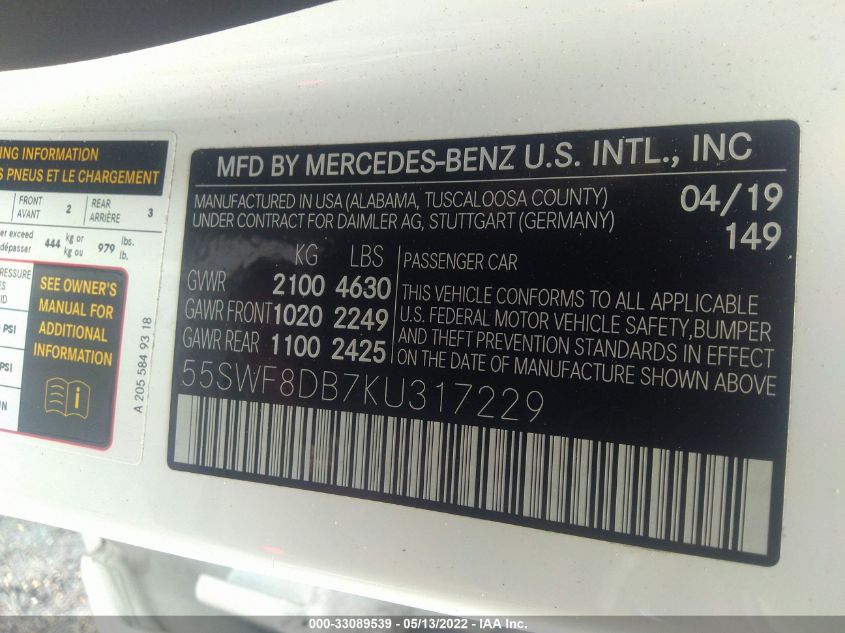 2019 MERCEDES-BENZ C-CLASS C 300 55SWF8DB7KU317229
