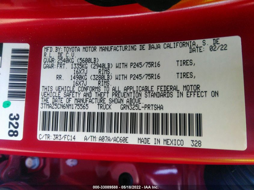 2022 TOYOTA TACOMA 2WD SR5/TRD SPORT 3TMAZ5CN6NM175565