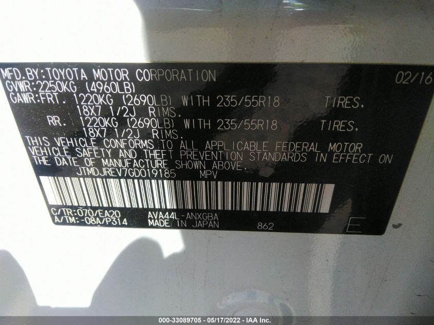 2016 TOYOTA RAV4 HYBRID LIMITED JTMDJREV7GD019185