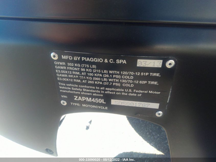 2013 VESPA GTS 300 SUPER ZAPM459L5D5801787