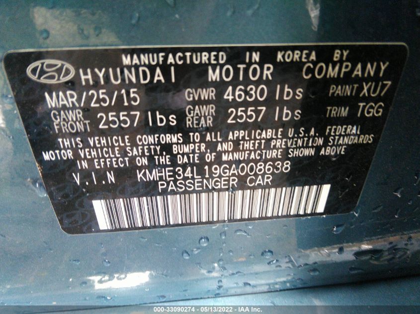 2016 HYUNDAI SONATA HYBRID LIMITED KMHE34L19GA008638