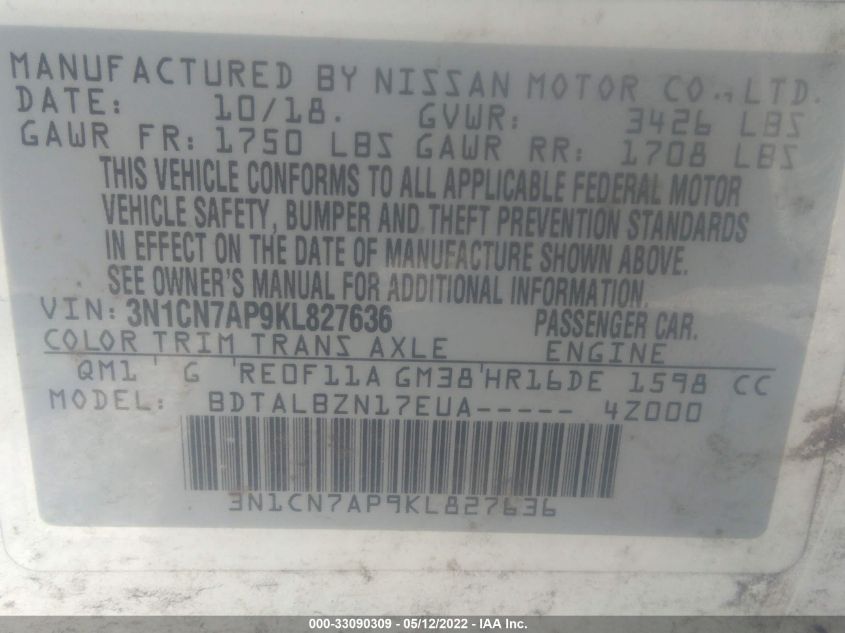 2019 NISSAN VERSA SEDAN SV 3N1CN7AP9KL827636