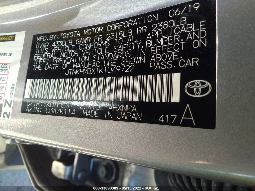 2019 TOYOTA C-HR XLE/LE/LIMITED JTNKHMBX1K1049722