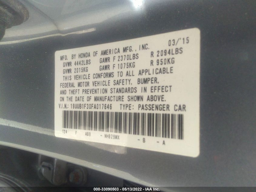 2015 ACURA TLX 19UUB1F30FA017646