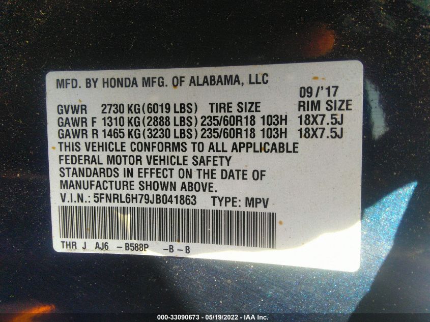 2018 HONDA ODYSSEY EX-L 5FNRL6H79JB041863