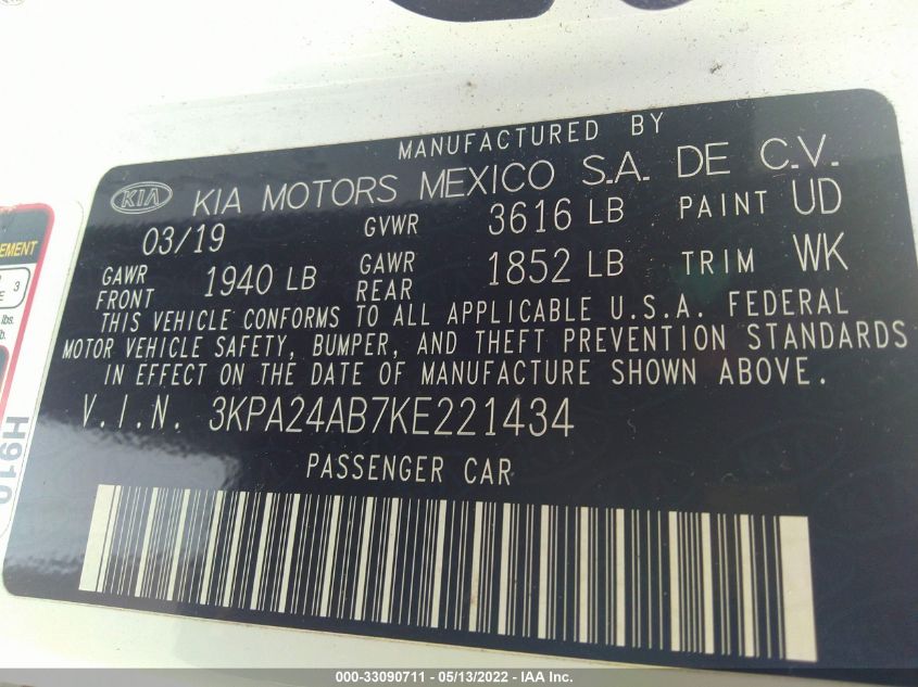 2019 KIA RIO LX 3KPA24AB7KE221434