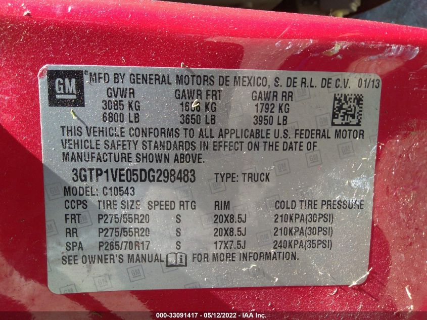 2013 GMC SIERRA 1500 SLE 3GTP1VE05DG298483