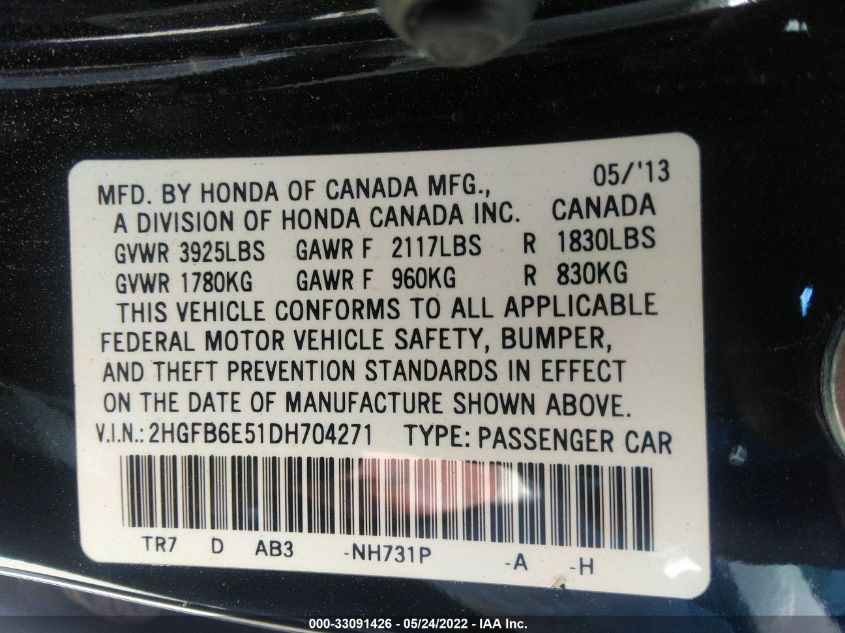2013 HONDA CIVIC SDN SI 2HGFB6E51DH704271