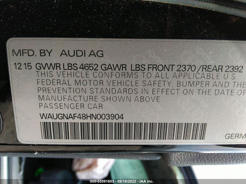 2017 AUDI A4 PREMIUM WAUGNAF48HN003904