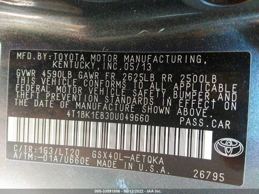 2013 TOYOTA AVALON XLE 4T1BK1EB3DU049660
