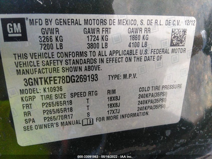 2013 CHEVROLET AVALANCHE LT 3GNTKFE78DG269193