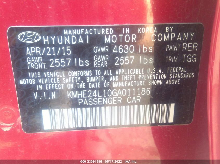 2016 HYUNDAI SONATA HYBRID SE KMHE24L10GA011186