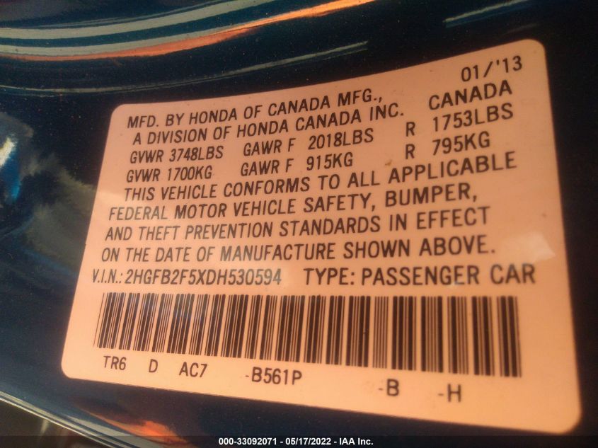 2013 HONDA CIVIC SDN LX 2HGFB2F5XDH530594