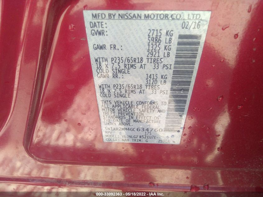 2016 NISSAN PATHFINDER SL 5N1AR2MM4GC634760