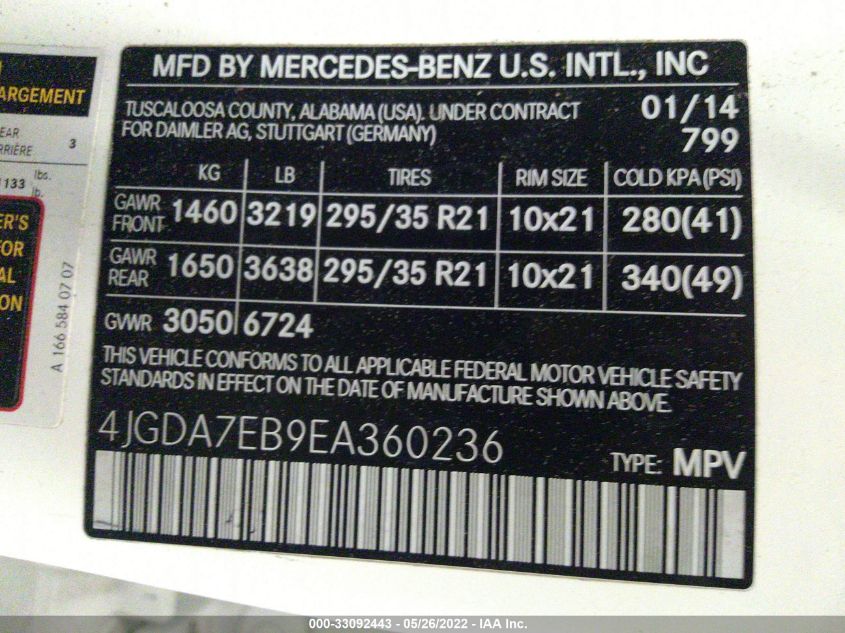 2014 MERCEDES-BENZ M-CLASS ML 63 AMG 4JGDA7EB9EA360236