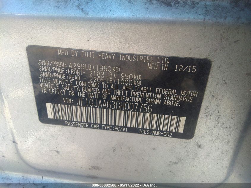 2016 SUBARU IMPREZA SEDAN JF1GJAA63GH007756