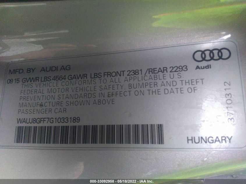 2016 AUDI A3 2.0T PREMIUM PLUS WAUJ8GFF7G1033189