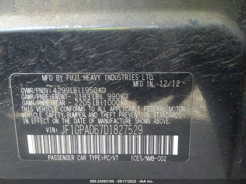 2013 SUBARU IMPREZA WAGON 2.0I PREMIUM JF1GPAD67D1827529