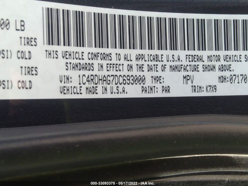 2013 DODGE DURANGO SXT 1C4RDHAG7DC693000