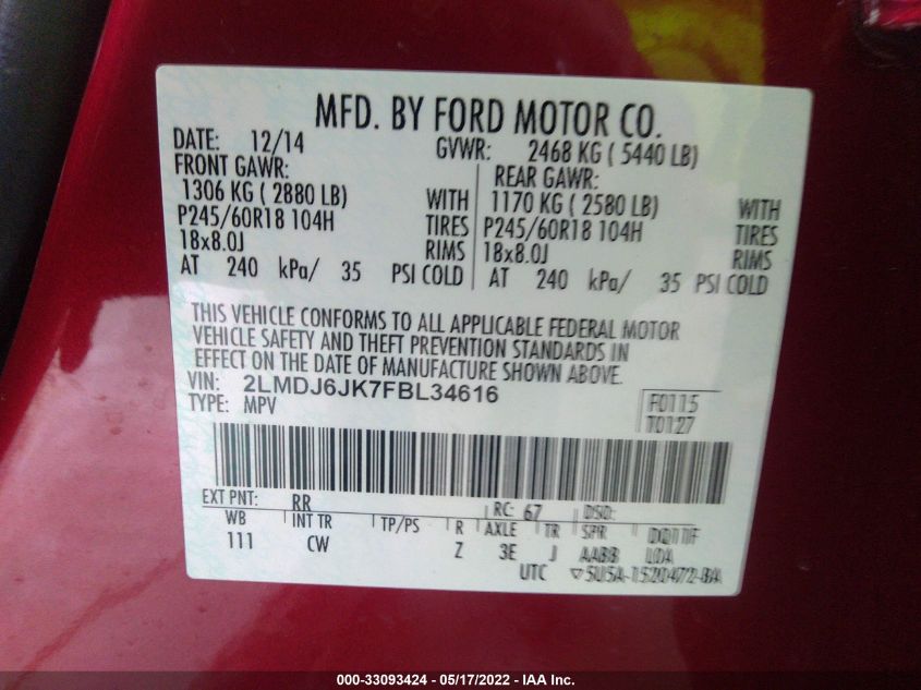 2015 LINCOLN MKX 2LMDJ6JK7FBL34616