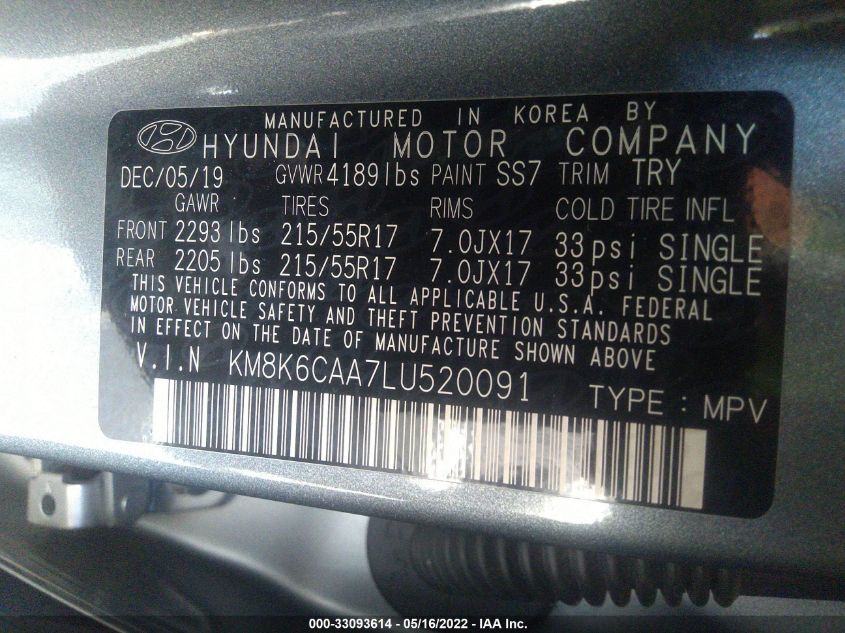2020 HYUNDAI KONA SEL PLUS KM8K6CAA7LU520091