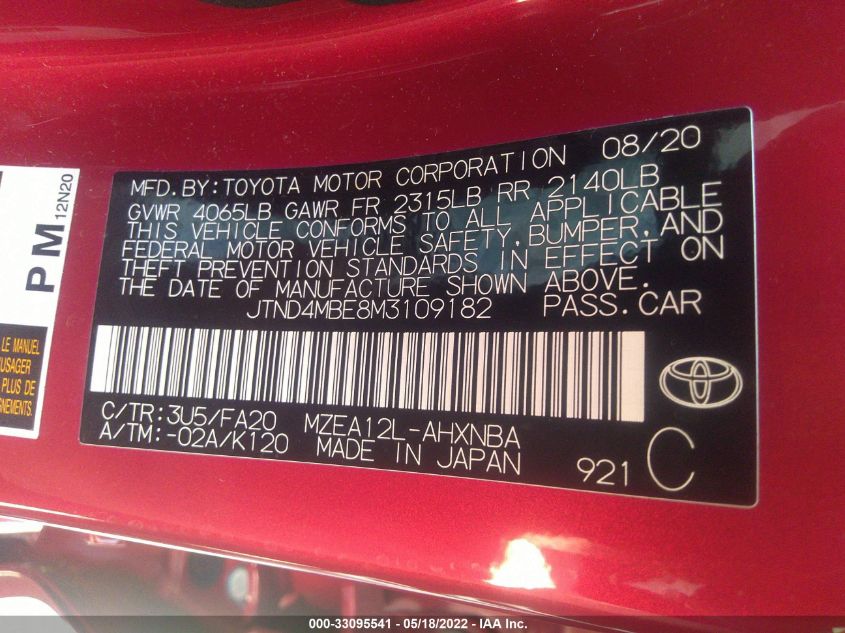 2021 TOYOTA COROLLA HATCHBACK SE/XSE/NIGHTSHADE JTND4MBE8M3109182