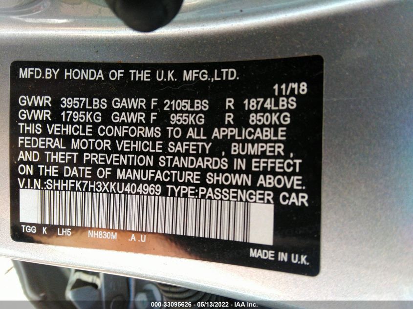 2019 HONDA CIVIC HATCHBACK LX SHHFK7H3XKU404969
